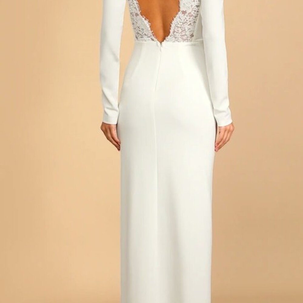 Lulus Romantic White Lace Trim Back Long Sleeve Bridal Wedding Dress Small NWOT - Picture 7 of 8